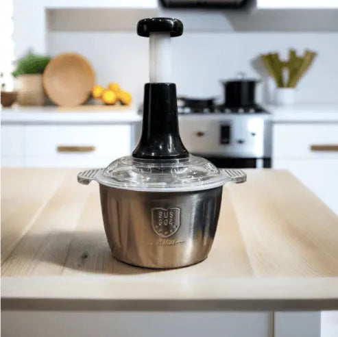 Manual Stainless Steel Multifunctional 2L Hand Push Chopper – 4 Curved Stainless Steel Blades, Meat & Vegetable Cutter, Portable Food Processor Bowl, Easy to Clean, Ideal for Kitchen Use